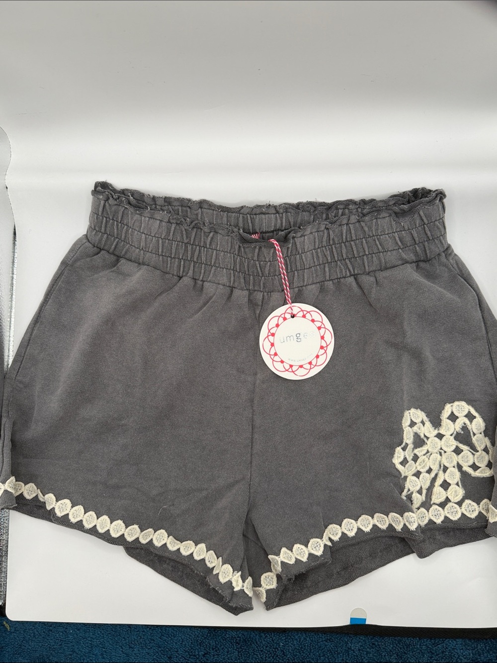 Umgee Gray High-Waist Shorts with Cream Lace Trim